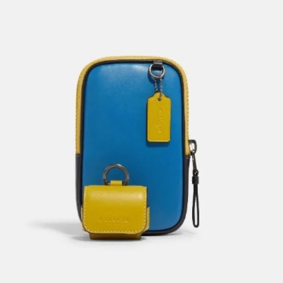 Coach Men's Multifunction Phone Pack Ear Bud Case Yellow Blue Colorblock $228 - Picture 1 of 5